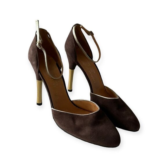 Charles Jourdan Brown Suede Ankle Strap Pumps With Gold Metal Heel, Size 8 1/2 - Picture 15 of 15